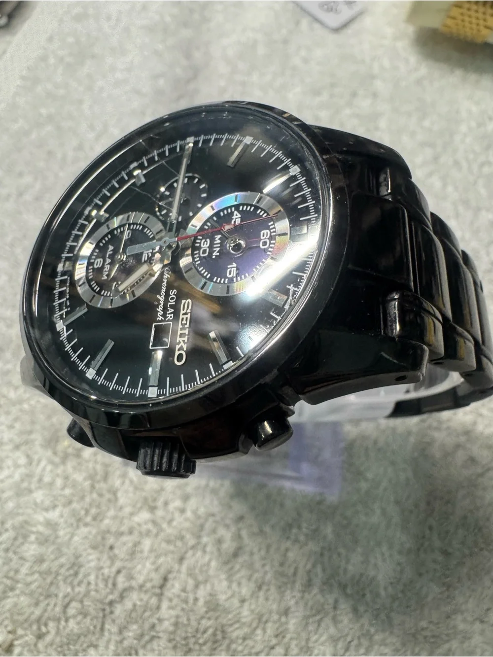 Seiko Black Dial Solar Chronograph Watch with Red Seconds Hand